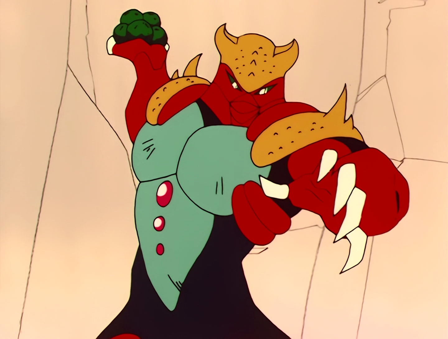Akan, a Youma from Sailor Moon episode 32. He’s big, red and muscular, with fried shrimp-like adornments on his head and shoulders. His face also kind of resembles that of a crustacean, and he overall has the feel of a monster of the live action rubber suit variety. He has a handful of green balls.